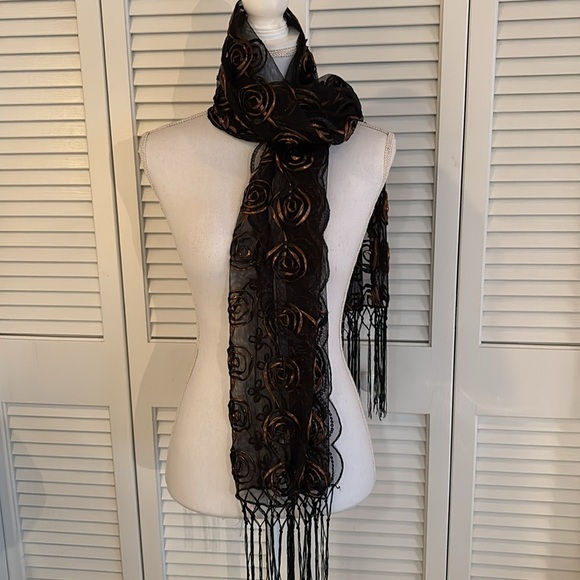 Black Sheer Shawl Wrap Bronze Appliqué Circular Pattern and Fringe Scarf 20x63” - Picture 7 of 12